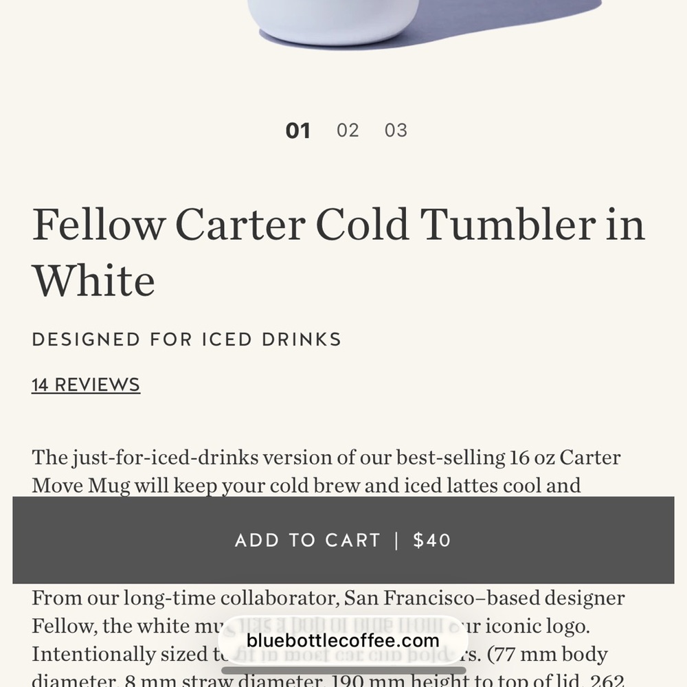 Blue bottle Fellow Carter Cold Tumbler in White - Picture 4 of 4